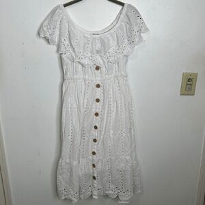 White Eyelet Cotton Midi Dress Off Shoulder Boho Ruffle Large‎ Peasant Vacation